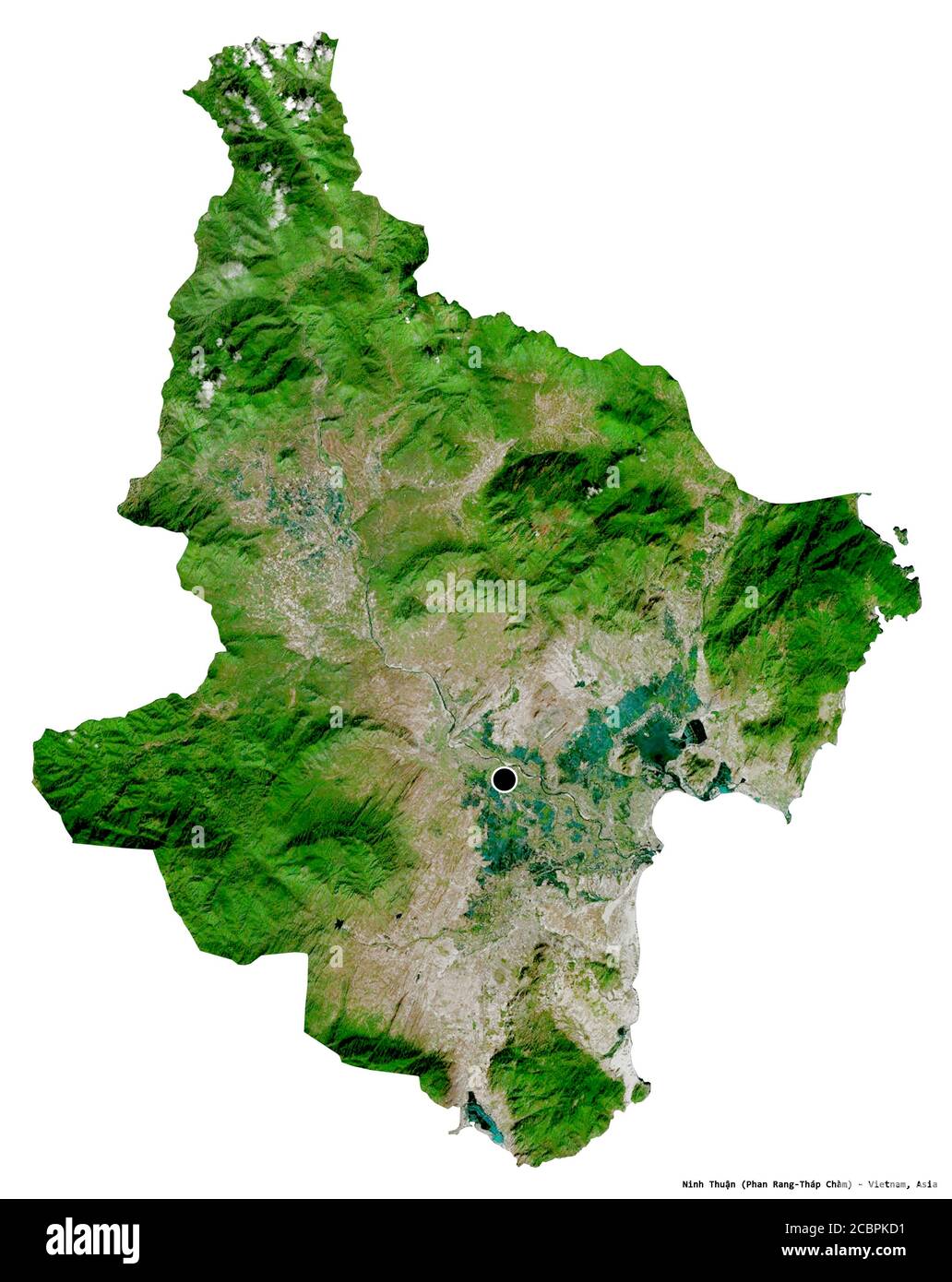 Shape of Ninh Thuận, province of Vietnam, with its capital isolated on white background. Satellite imagery. 3D rendering Stock Photo