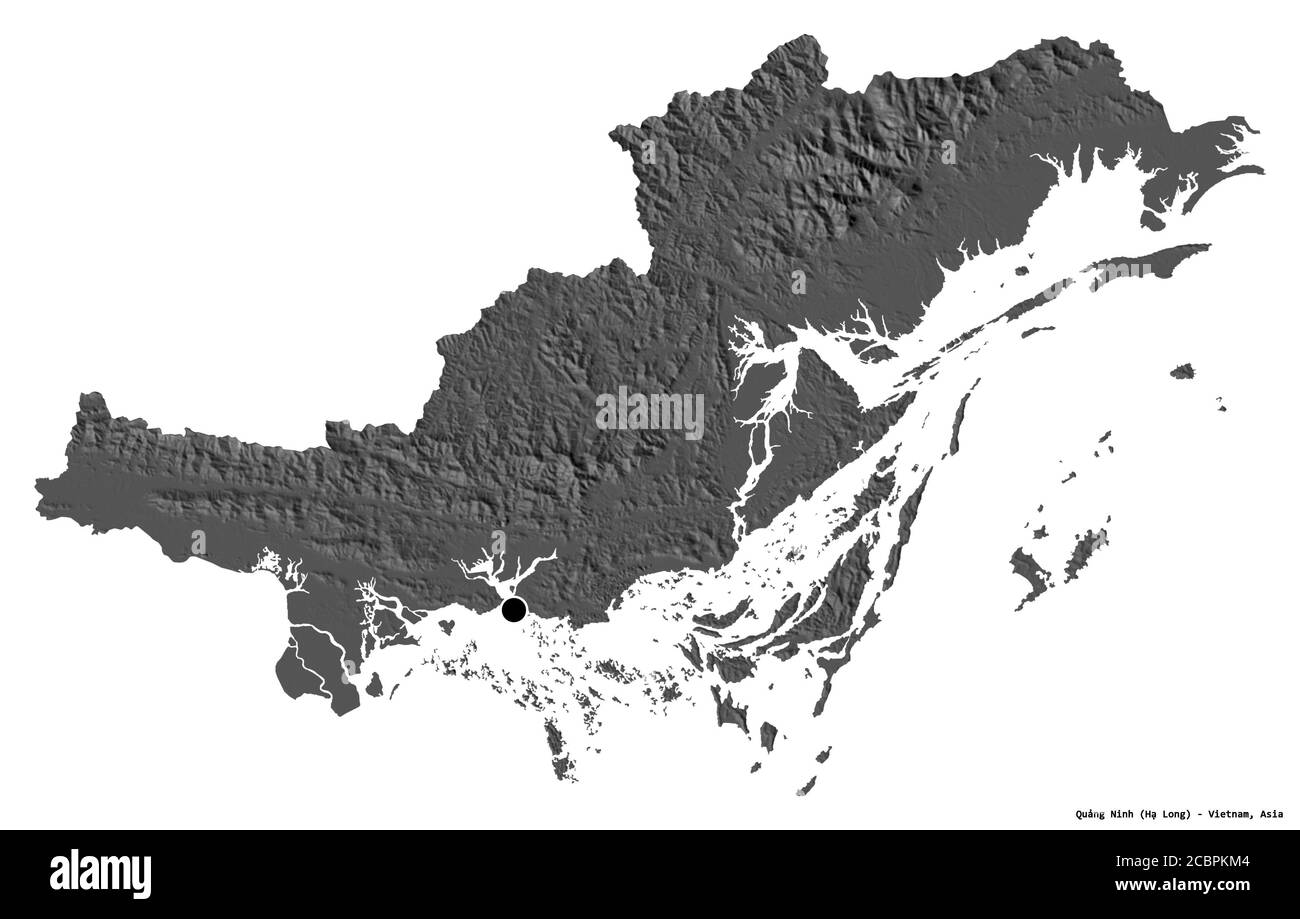 Shape of Quảng Ninh, province of Vietnam, with its capital isolated on white background. Bilevel elevation map. 3D rendering Stock Photo