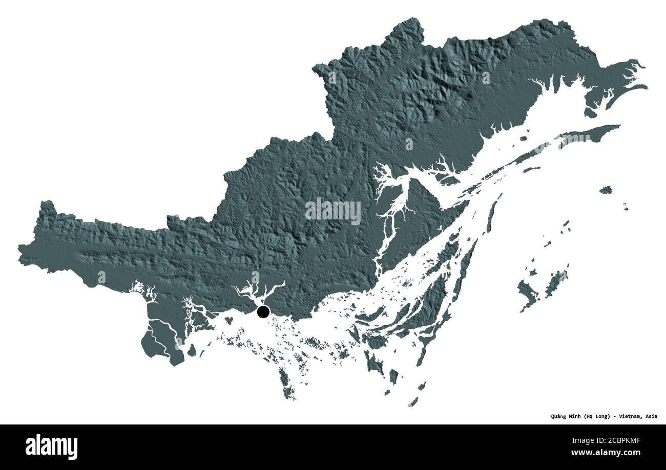 Shape of Quảng Ninh, province of Vietnam, with its capital isolated on white background. Colored elevation map. 3D rendering Stock Photo