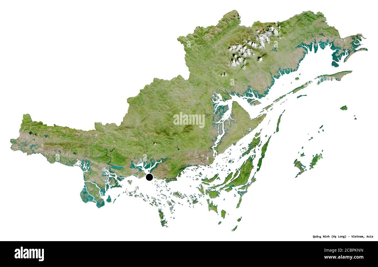 Shape of Quảng Ninh, province of Vietnam, with its capital isolated on white background. Satellite imagery. 3D rendering Stock Photo