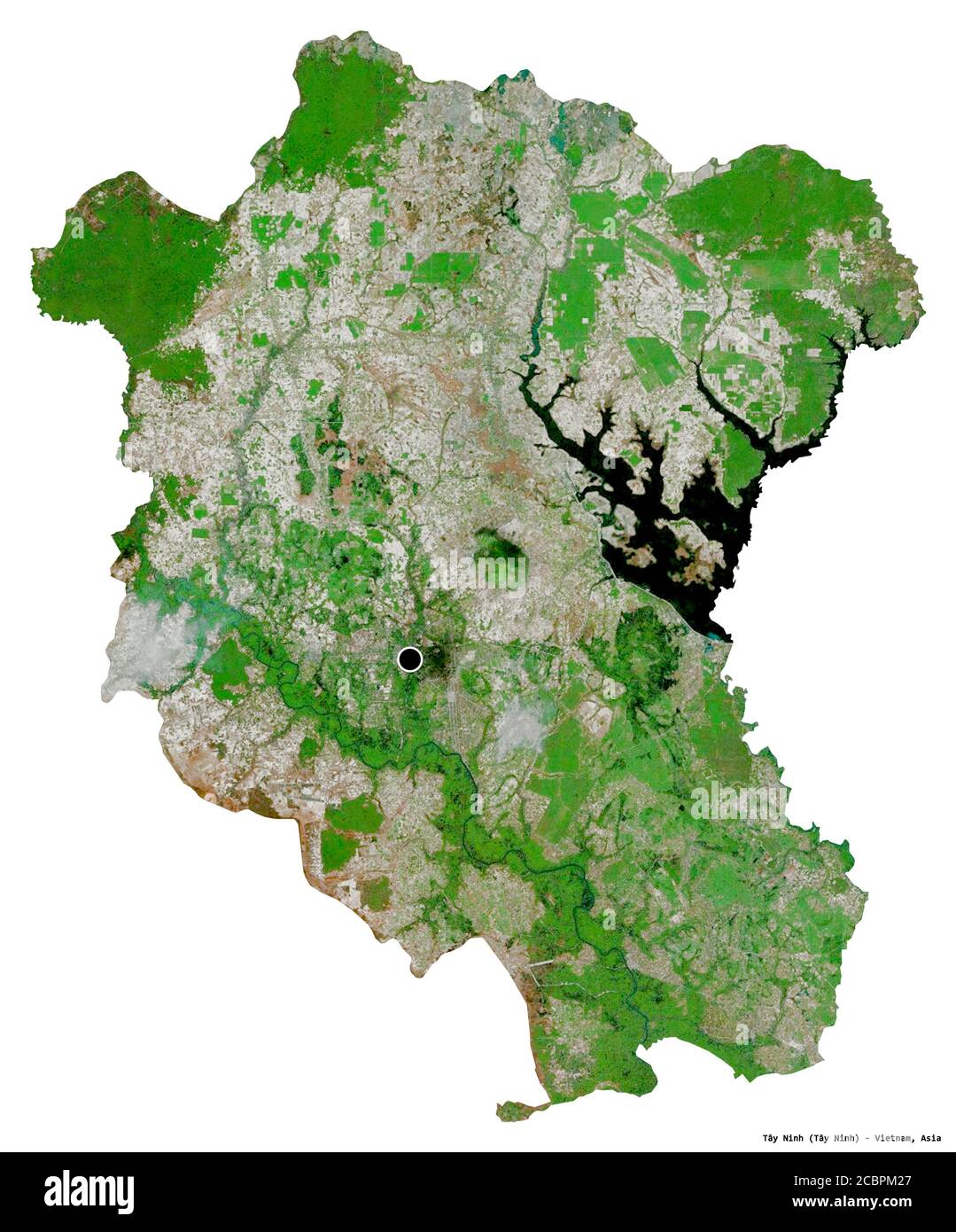 Shape of Tây Ninh, province of Vietnam, with its capital isolated on white background. Satellite imagery. 3D rendering Stock Photo