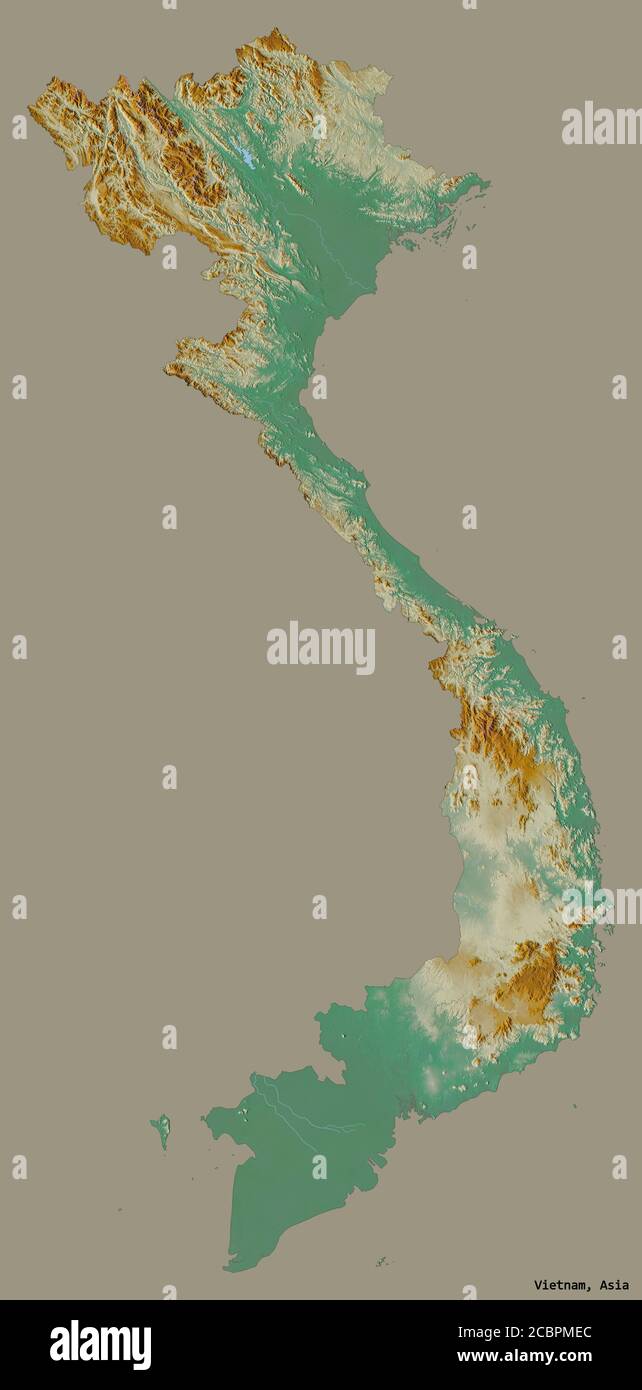 Shape of Vietnam with its capital isolated on a solid color background. Topographic relief map