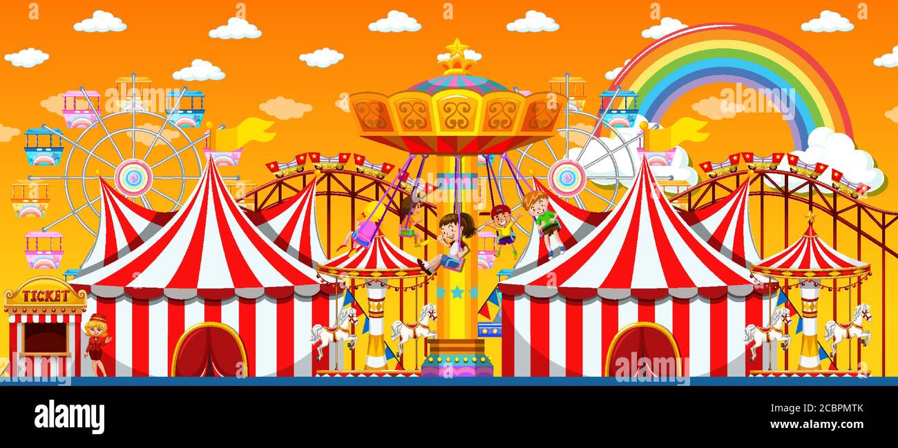 Amusement park scene at daytime with rainbow in the sky illustration ...