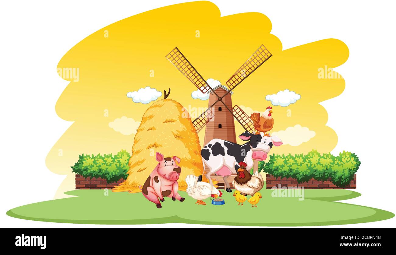 Farm scene with many animals on the farm illustration Stock Vector ...