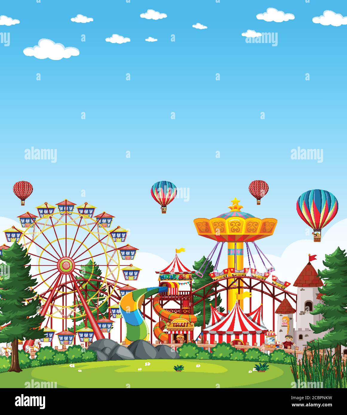 Amusement park scene at daytime with blank bright blue sky illustration ...