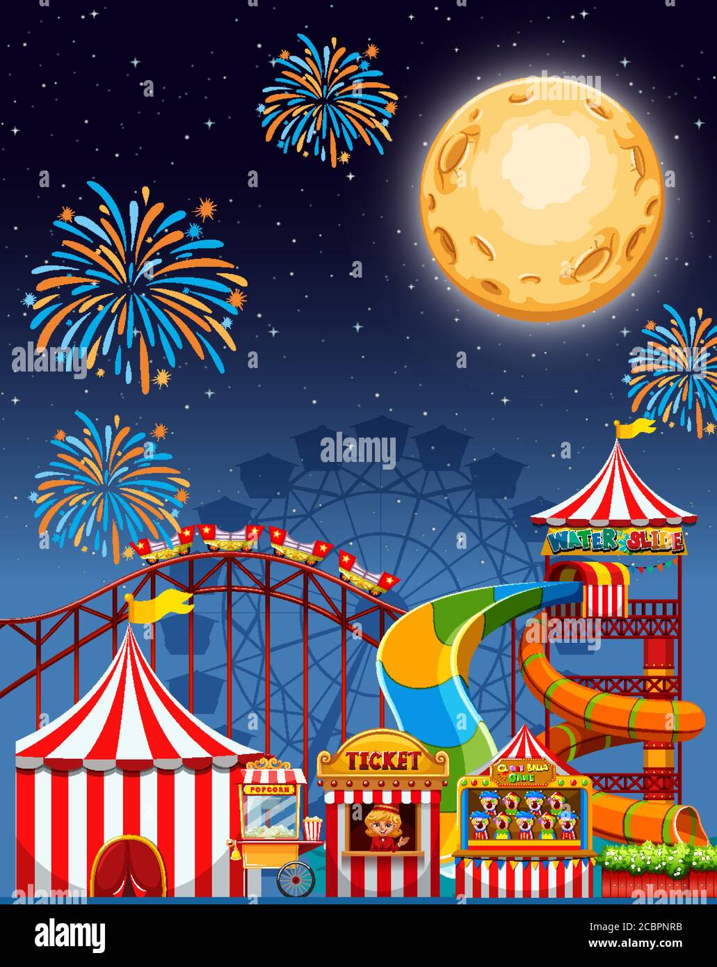 Amusement park scene at night with firework and moon illustration Stock ...