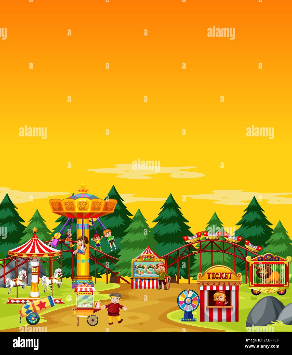 Amusement park scene at daytime with blank yellow sky illustration ...