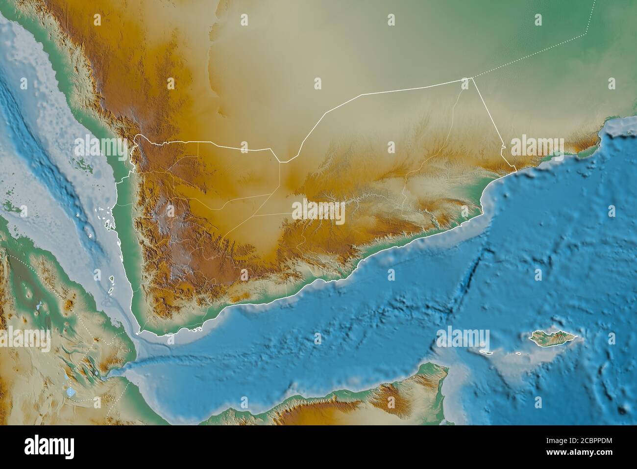 Extended area of Yemen with country outline, international and regional borders. Topographic 