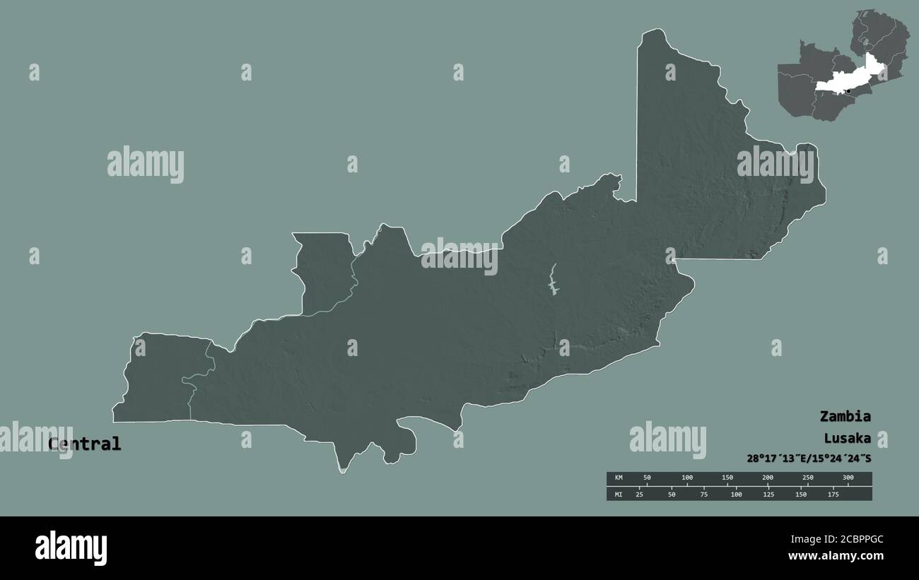 Central Province Zambia Map Shape Of Central, Province Of Zambia, With Its Capital Isolated On Solid  Background. Distance Scale, Region Preview And Labels. Colored Elevation Map  Stock Photo - Alamy