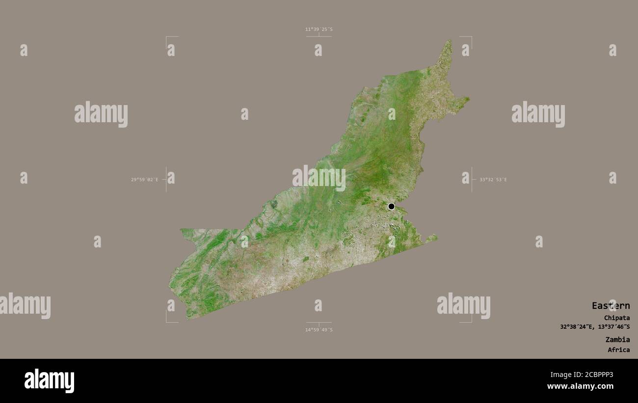 Area of Eastern, province of Zambia, isolated on a solid background in a georeferenced bounding box. Labels. Satellite imagery. 3D rendering Stock Photo