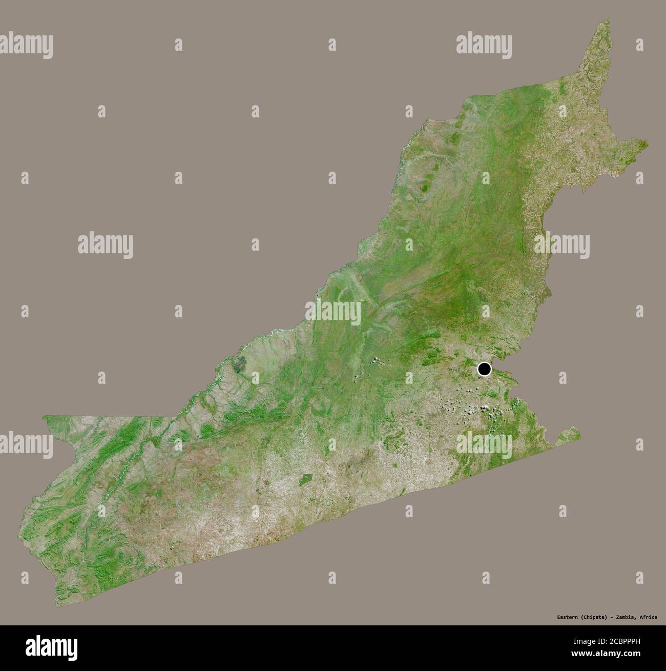 Shape of Eastern, province of Zambia, with its capital isolated on a solid color background. Satellite imagery. 3D rendering Stock Photo