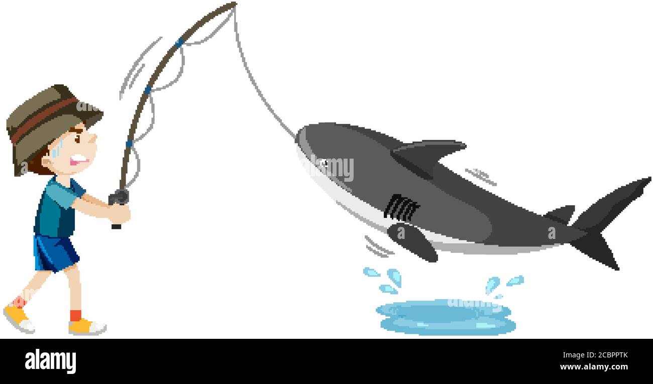 https://c8.alamy.com/comp/2CBPPTK/boy-fishing-baby-shark-cartoon-character-isolated-on-white-background-illustration-2CBPPTK.jpg