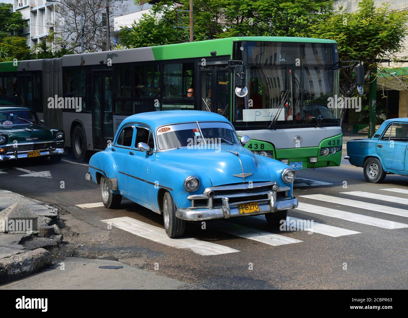 HAVANA, CUBA - Mar 07, 2013: Blue American car in Havana dating from 1950s being used as taxi. This is typical of many cars still being driven in Cuba Stock Photo