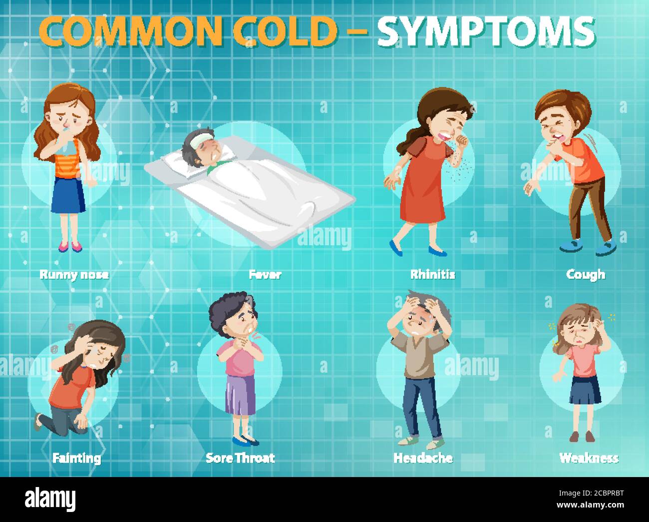 Common cold symptoms cartoon style infographic illustration Stock