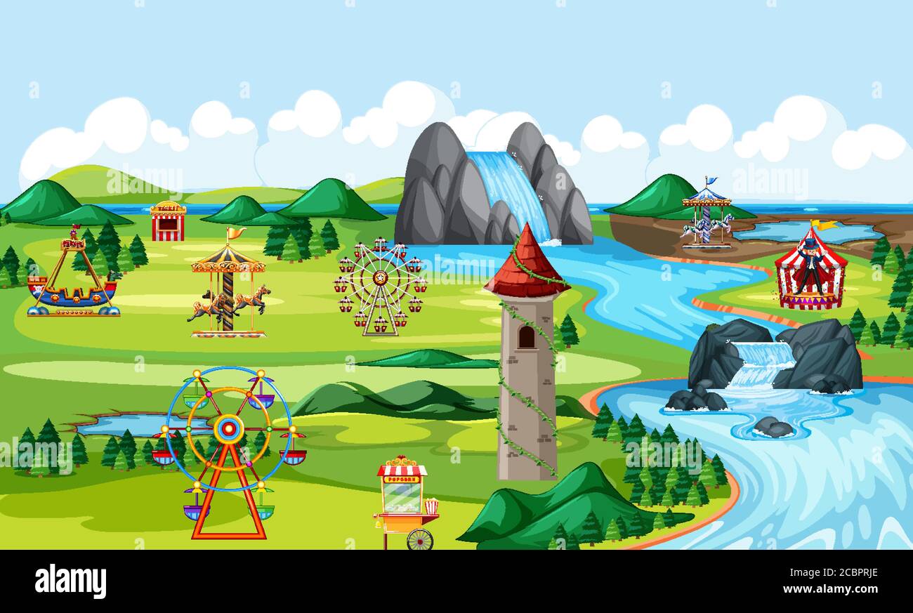Theme amusement natural park landscape scene and many rides landscape ...