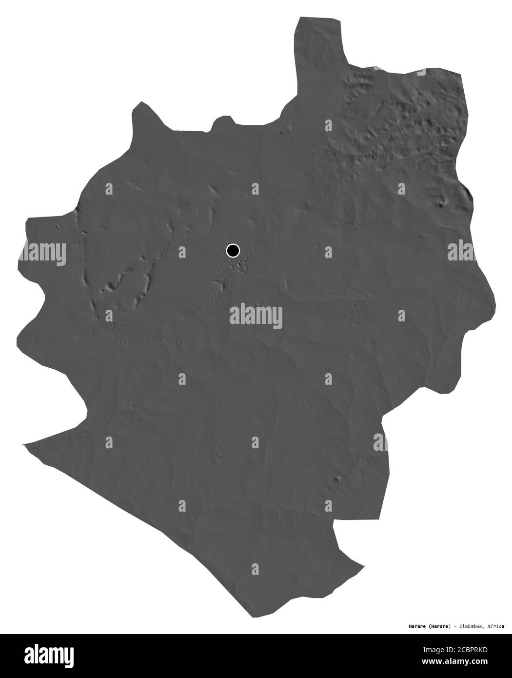 Shape of Harare, city of Zimbabwe, with its capital isolated on white background. Bilevel elevation map. 3D rendering Stock Photo