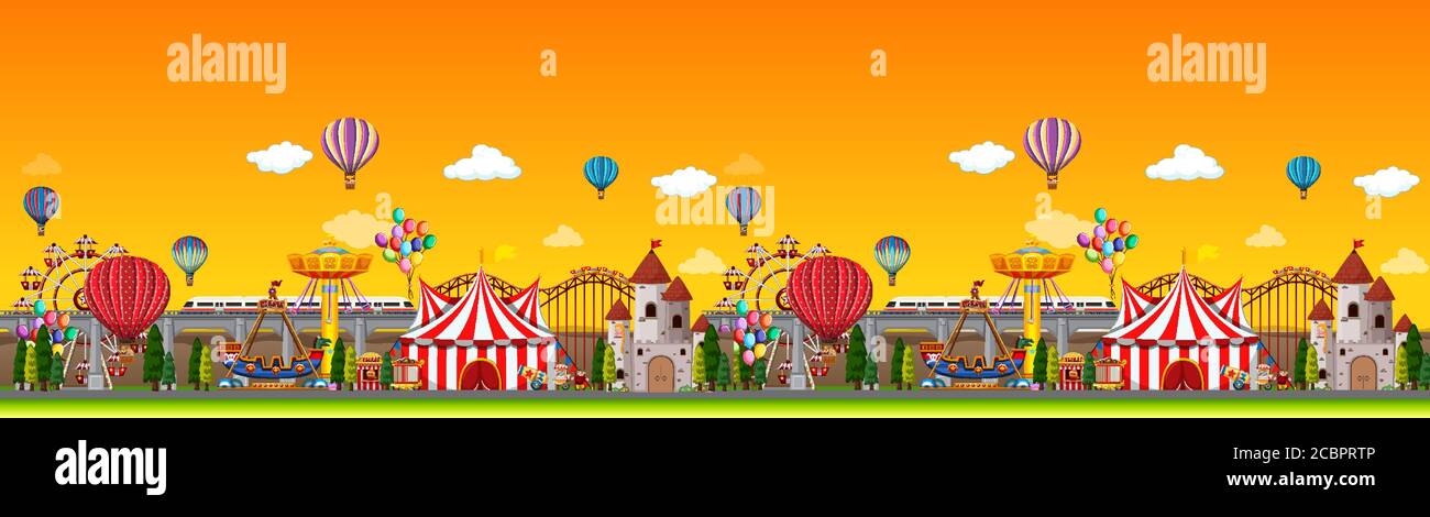 Amusement park scene at daytime with balloons panorama illustration ...
