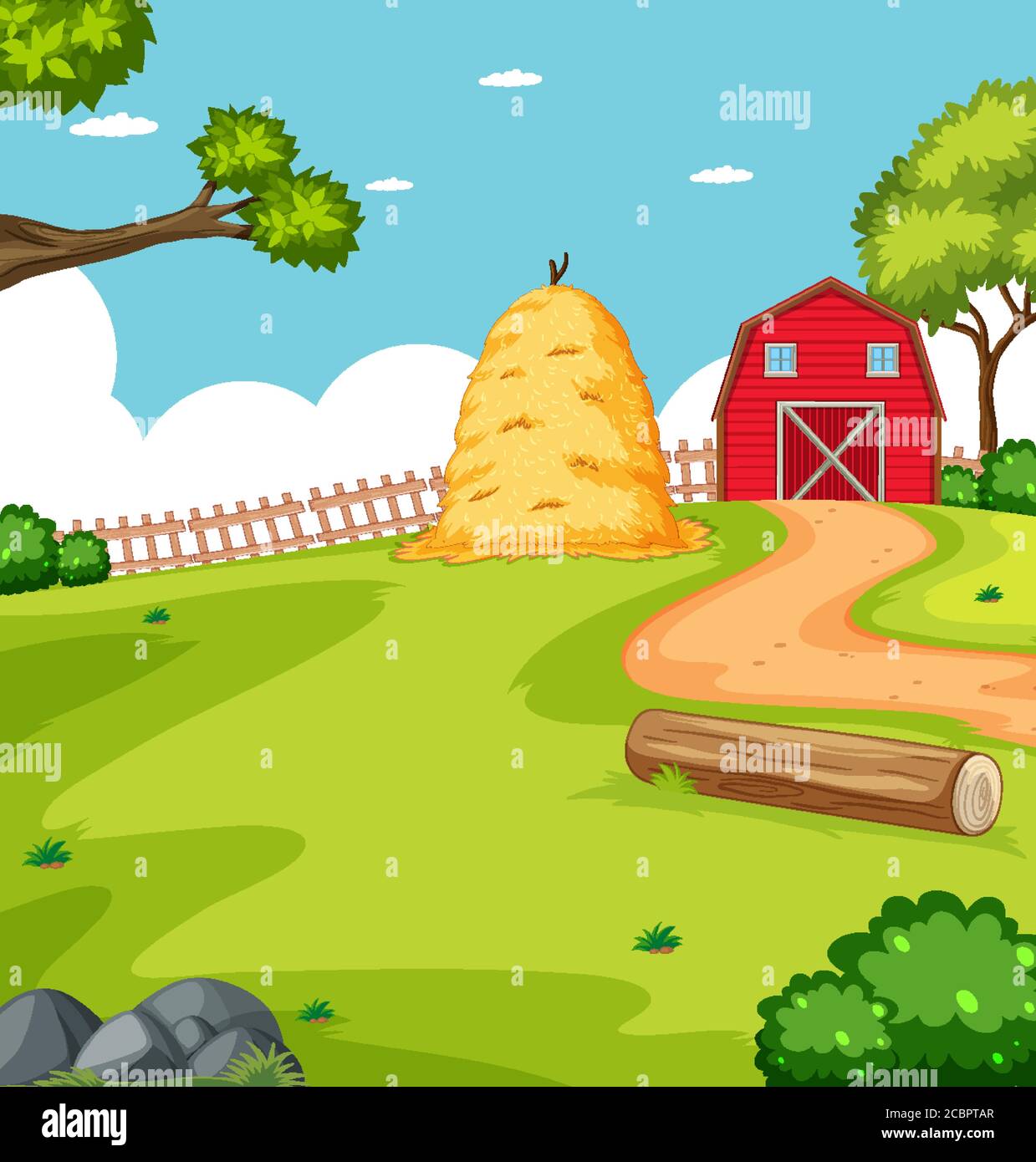Farm scene in nature with barn and straw illustration Stock Vector ...