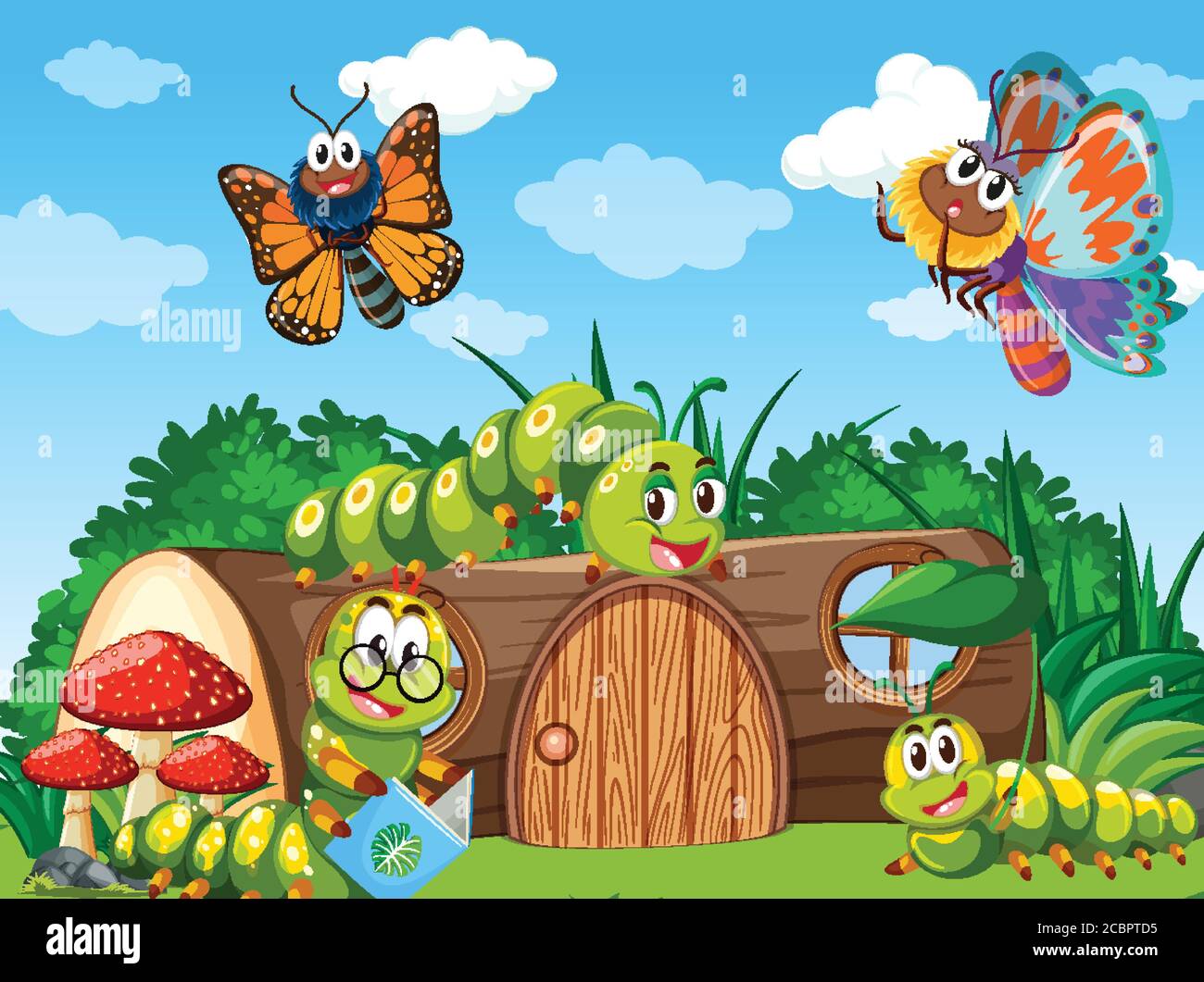 Butterflies and worms living in the garden scene at daytime ...