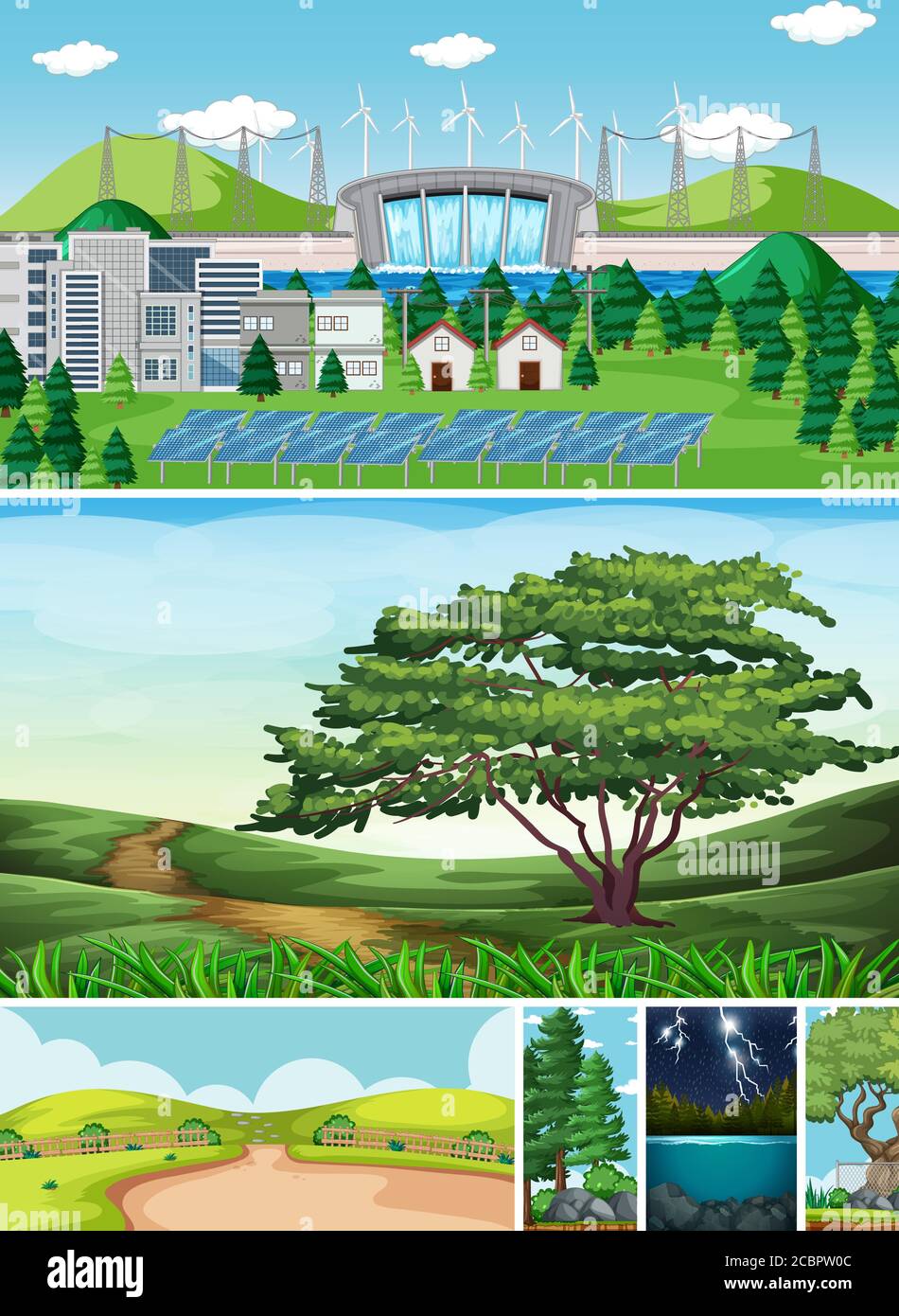 Six different scenes in nature setting cartoon style illustration Stock ...