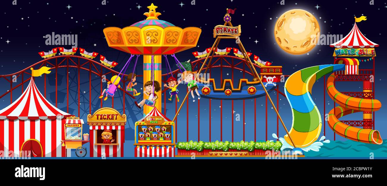 Amusement park scene at night with moon in the sky illustration Stock ...
