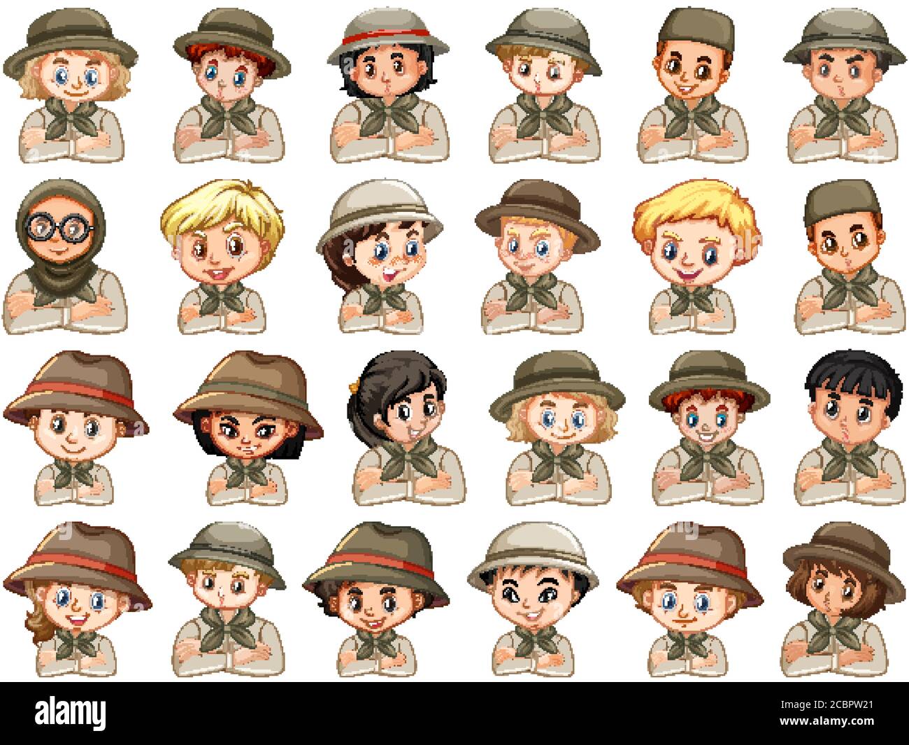 Set of different characters of boys and girls scout costume on a white ...