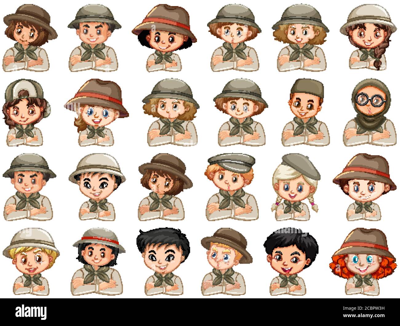 Set of different characters of boys and girls scout costume on a white ...