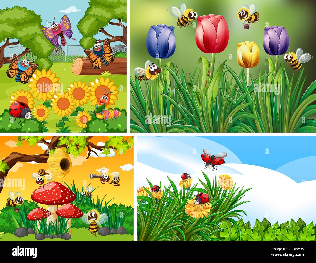 Set of different insects living in the garden background illustration ...