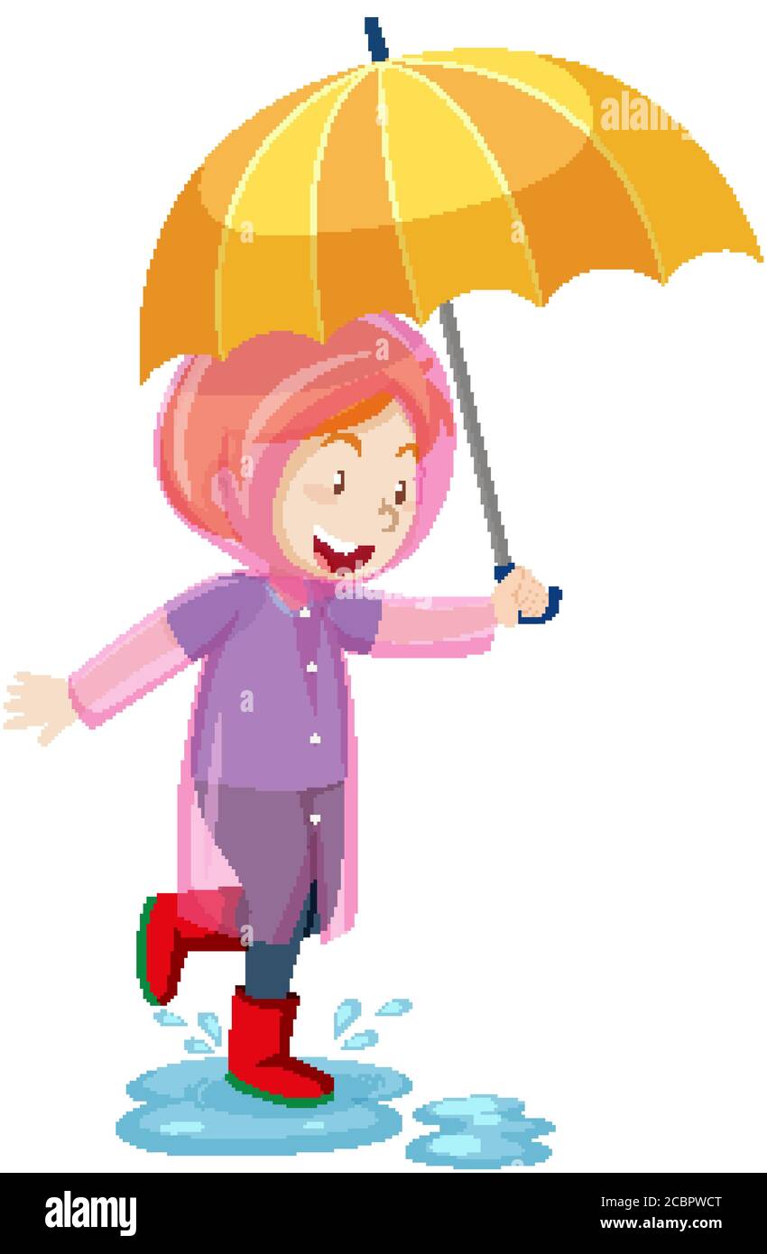 A kid wearing raincoat and holding umbrella and jumping in puddles ...