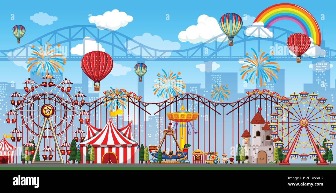 Amusement park scene at daytime with rainbow and balloons in the sky ...