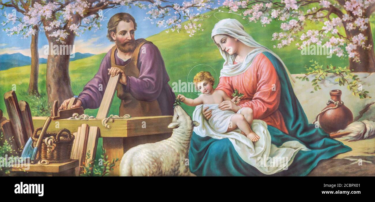 SEBECHLEBY, SLOVAKIA - AUGUST 13, 2020: Typical catholic image  image of Holy Family from the beginn of 20. cent.  printed in Italy Stock Photo