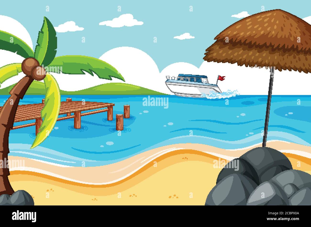 Tropical Beach And Sand Beach Scene Cartoon Style Illustration Stock