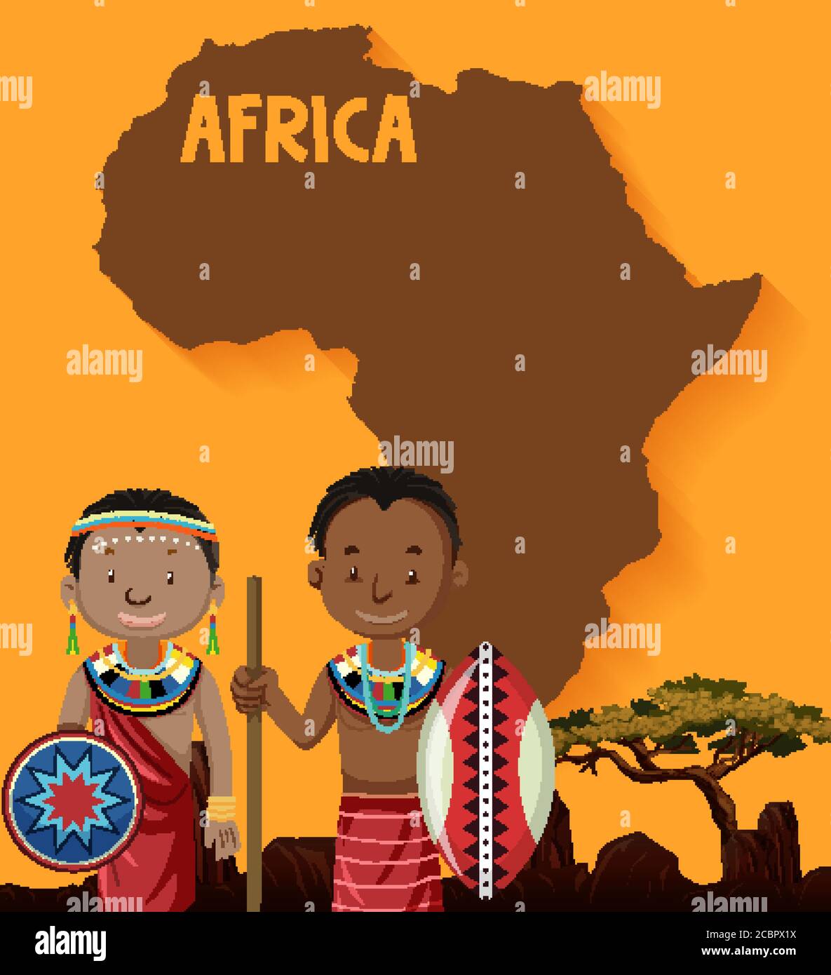 Native african tribes with map on the background illustration Stock Vector