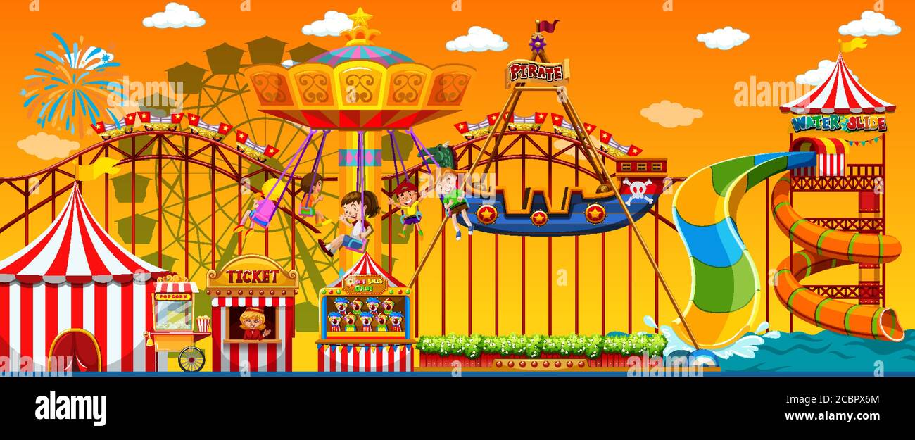 Amusement park scene at daytime with yellow sky illustration Stock ...