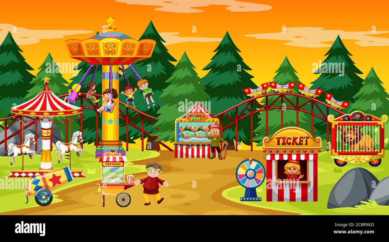 Amusement park scene at daytime with yellow sky illustration Stock ...