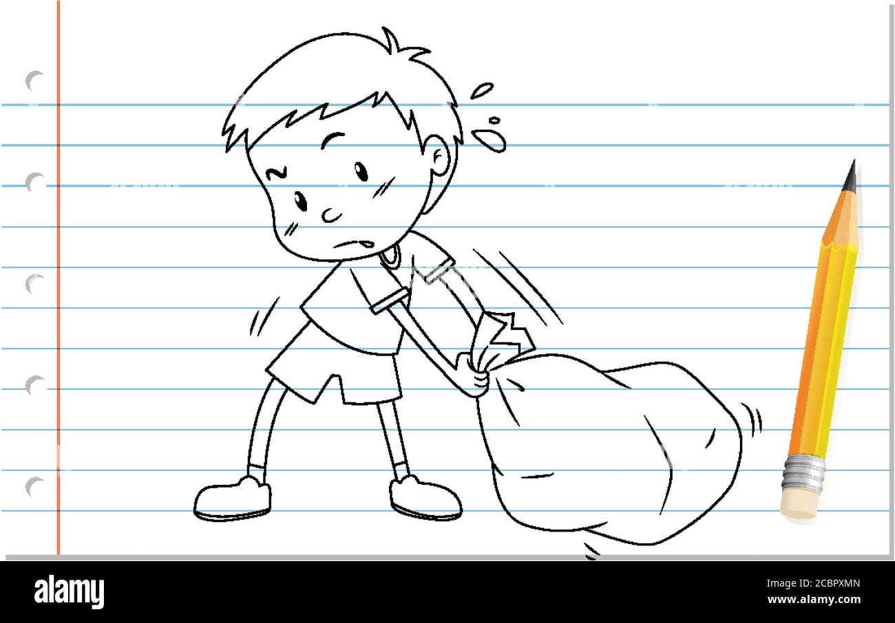 Hand writing of boy pulling bag outline illustration Stock Vector Image