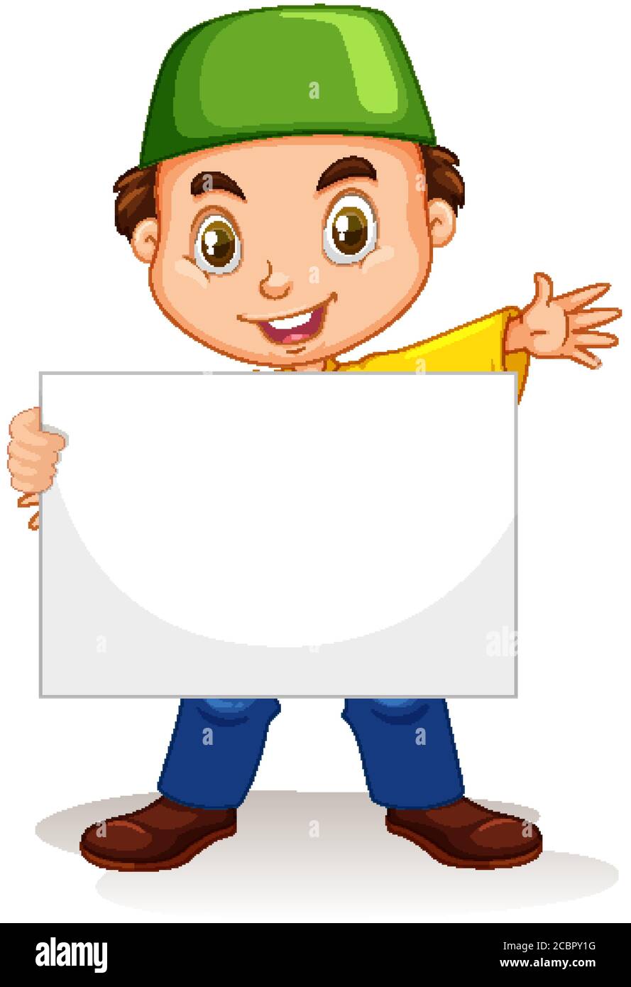 Cute young boy cartoon character holding blank banner illustration ...