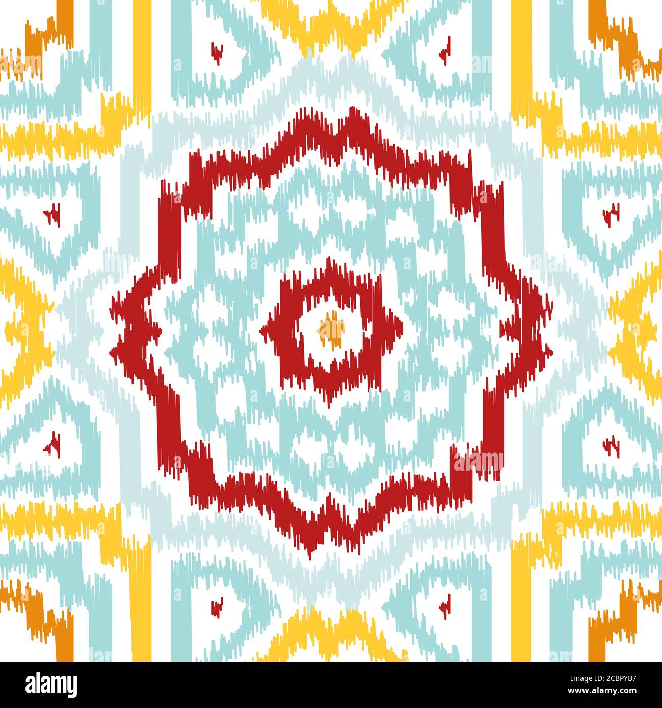 Seamless geometric pattern, based on ikat fabric style. Vector illustration. Carpet rug texture vector imitation. Colorful rug pattern in yellow, red, Stock Vector