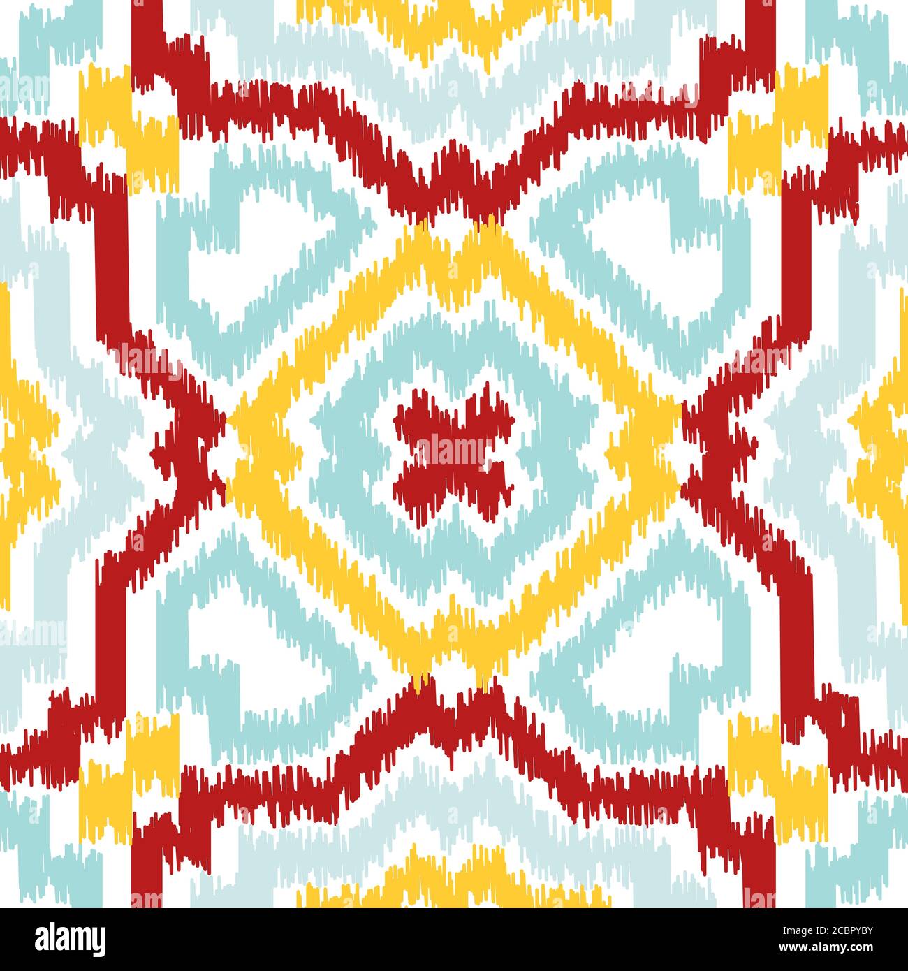 Seamless geometric pattern, based on ikat fabric style. Vector illustration. Carpet rug texture vector imitation. Colorful rug pattern in yellow, red, Stock Vector