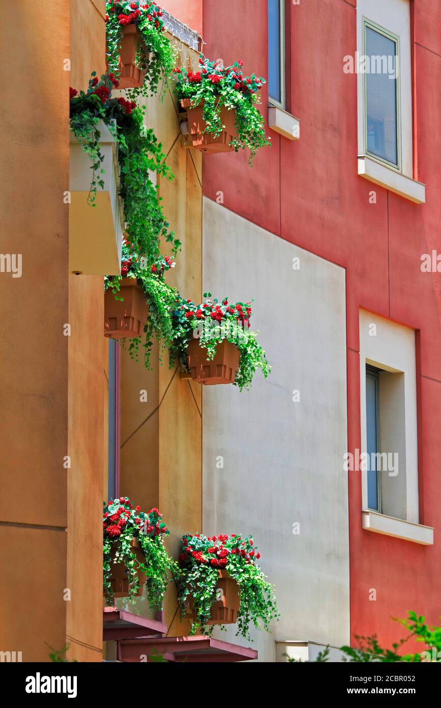 Exterior of a Southern European style building with red flower ornamental plants on the windows Stock Photo