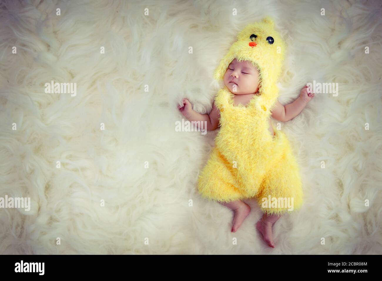 newborn baby portrait. Happy sleeping lovely cute Asian baby wearing yellow chicken dress suite for Asia Chinese sign zodiac year sleep on furry soft Stock Photo