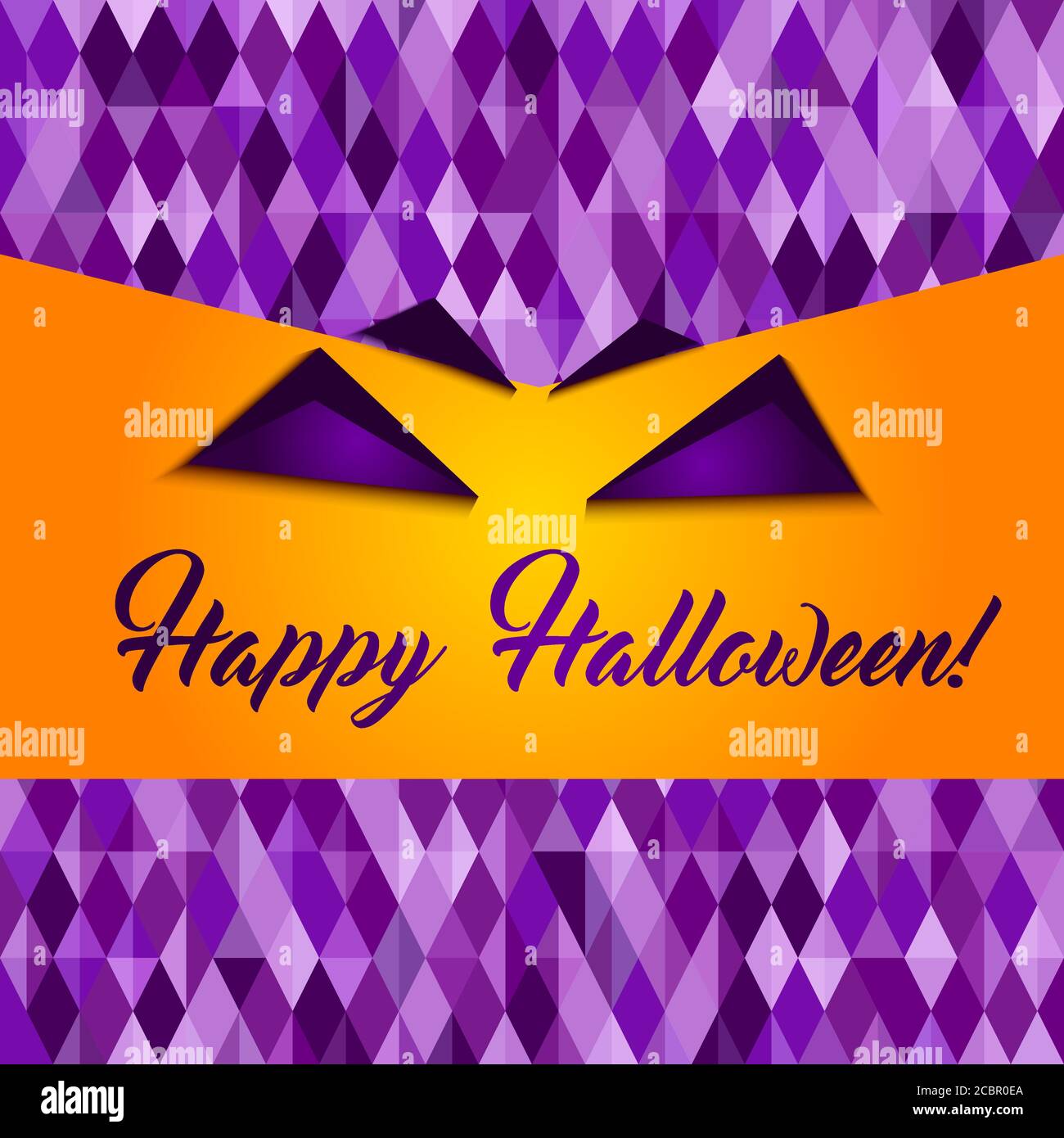 Happy Halloween greeting card, Abstract geometric pattern, diamond shapes. Traditional colors for Halloween background, yellow, orange, purple. Hallow Stock Vector