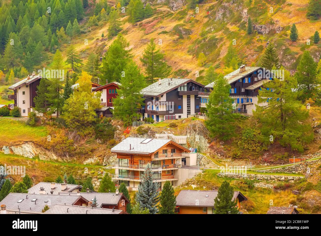 Zermatt, Switzerland town aerial view in famous swiss ski resort ...