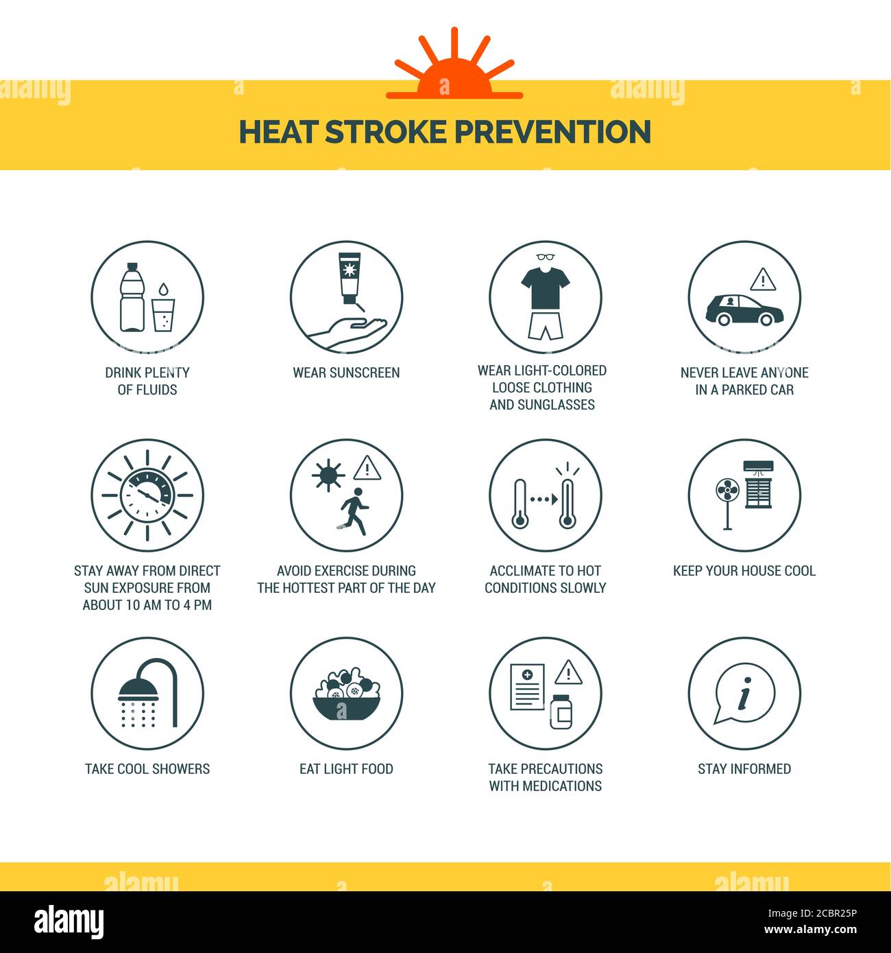 Heat stroke and heat exhaustion prevention during extreme hot weather, icons set Stock Vector