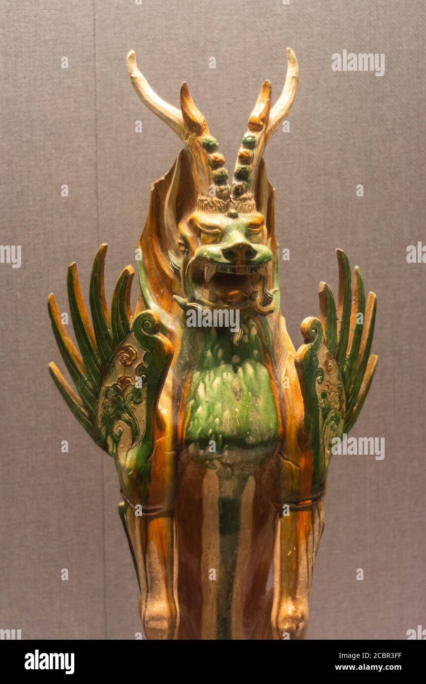 Luoyang, Henan Province / China - January 5, 2016: Tang Dynasty clay pottery statue of a dragon exhibited in Luoyang Museum in Luoyang, China Stock Photo