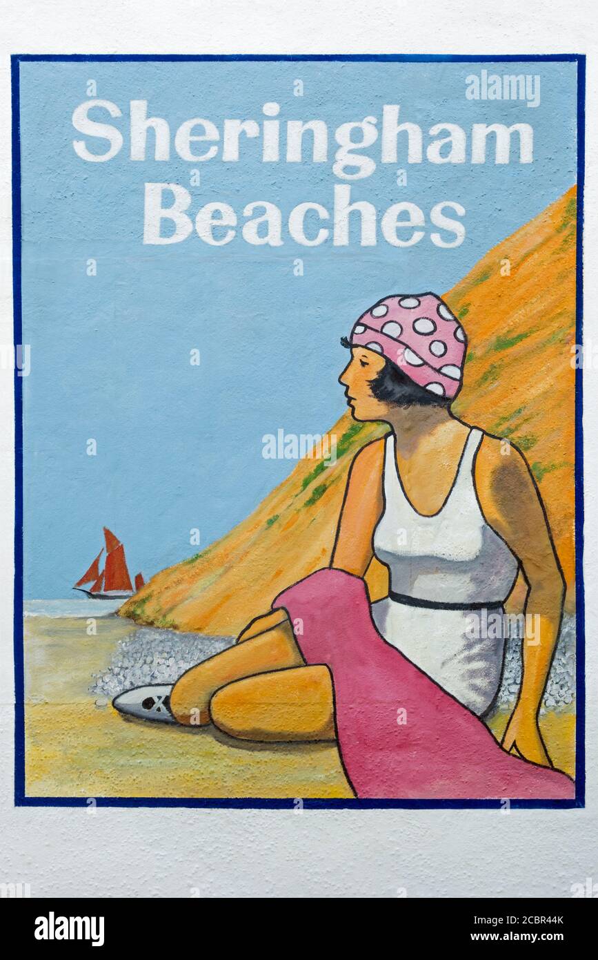 Art on wall in Sheringham promoting Sheringham Beaches, Sheringham, Norfolk, England Stock Photo