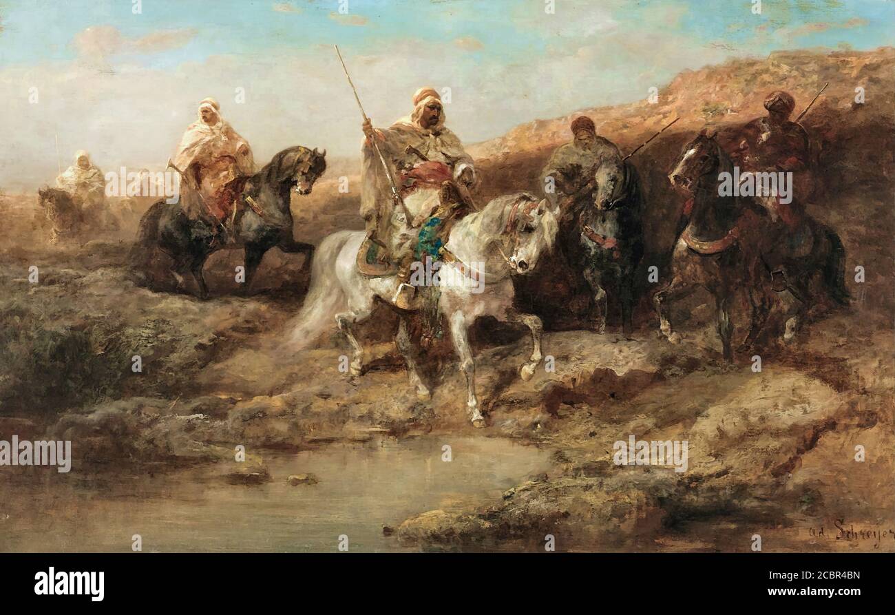 Schreyer Adolf - Arab Horsemen by an Oasis - German School - 19th and Early 20th Century Stock Photo