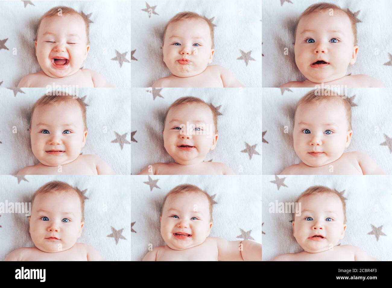 Collage Of Nine Pictures Of A Baby Pictures Of A Baby In Different Emotions A Newborn Baby With Blue Eyes And Blond Hair Stock Photo Alamy