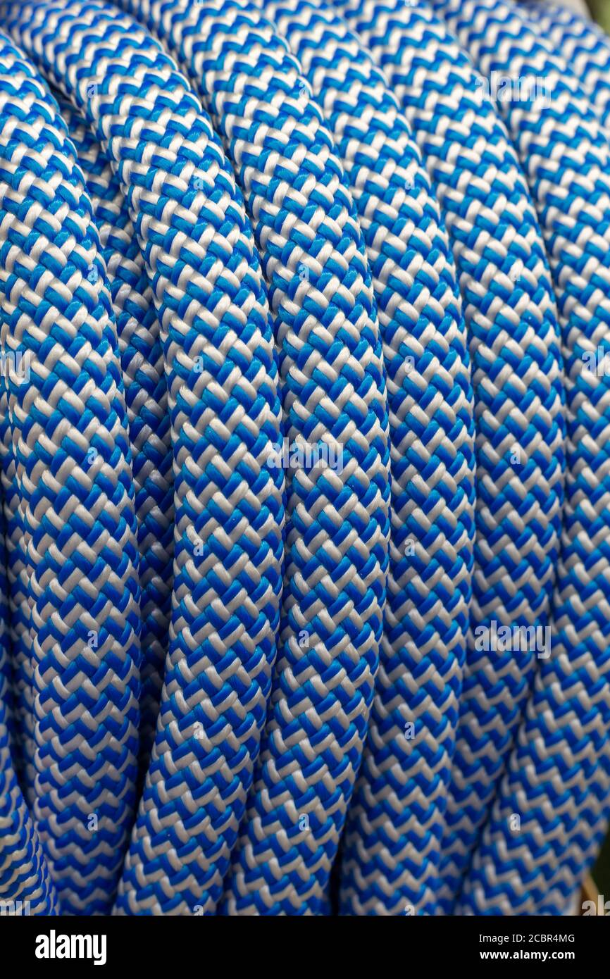 blue and white safety rope climbing lines, closeup Stock Photo