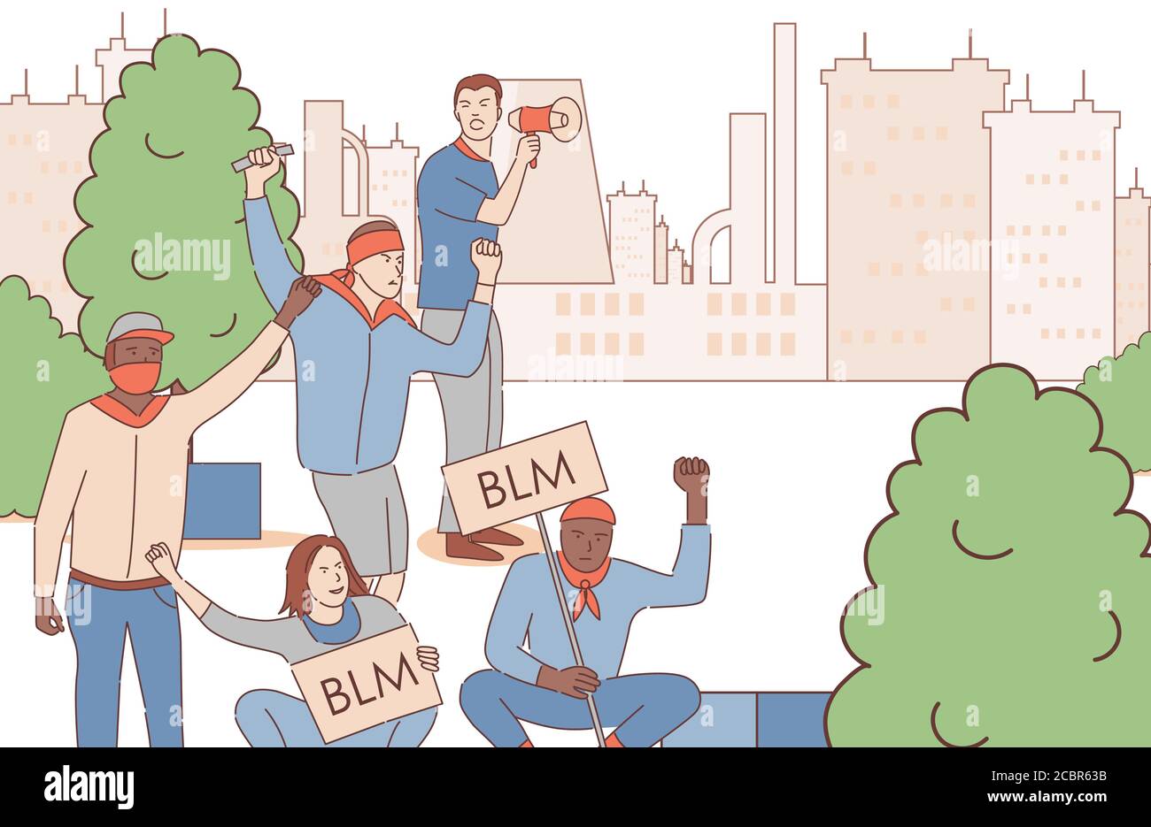 Protests across the United States of America. Men holding placards with Black Lives Matter words and protesting in city park vector cartoon outline illustration. Tolerance and stop racism concept. Stock Vector
